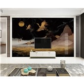 鹤舞飞扬--新中式禅意动物山水电视背景墙墙布抽象写意沙发客厅墙布